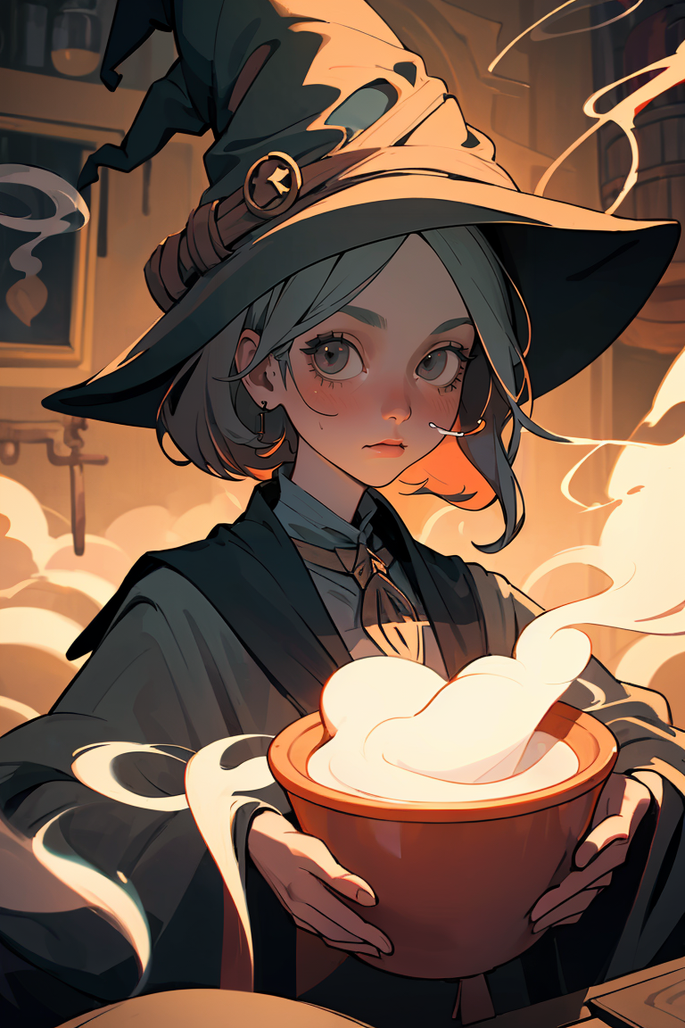 (best quality, masterpiece), 1girl, witch, brewing Potion, indoors, upper body, smoke, looking at viewer,